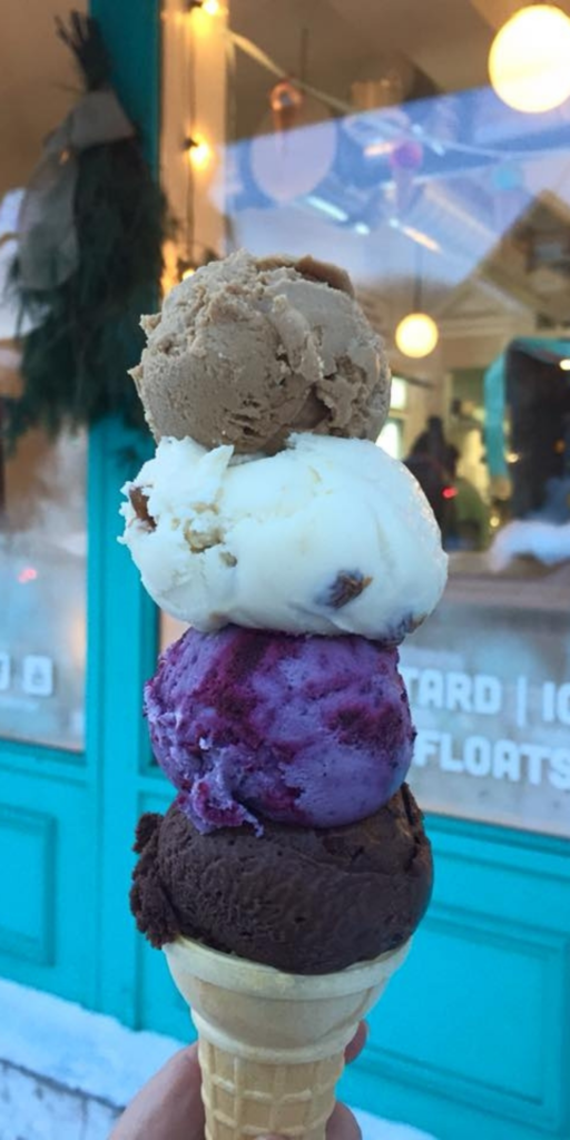 This is a picture of four scoops of ice cream and is used to illustrate all the wonderful and fun flavours avialable each week at The Merry Dairy!