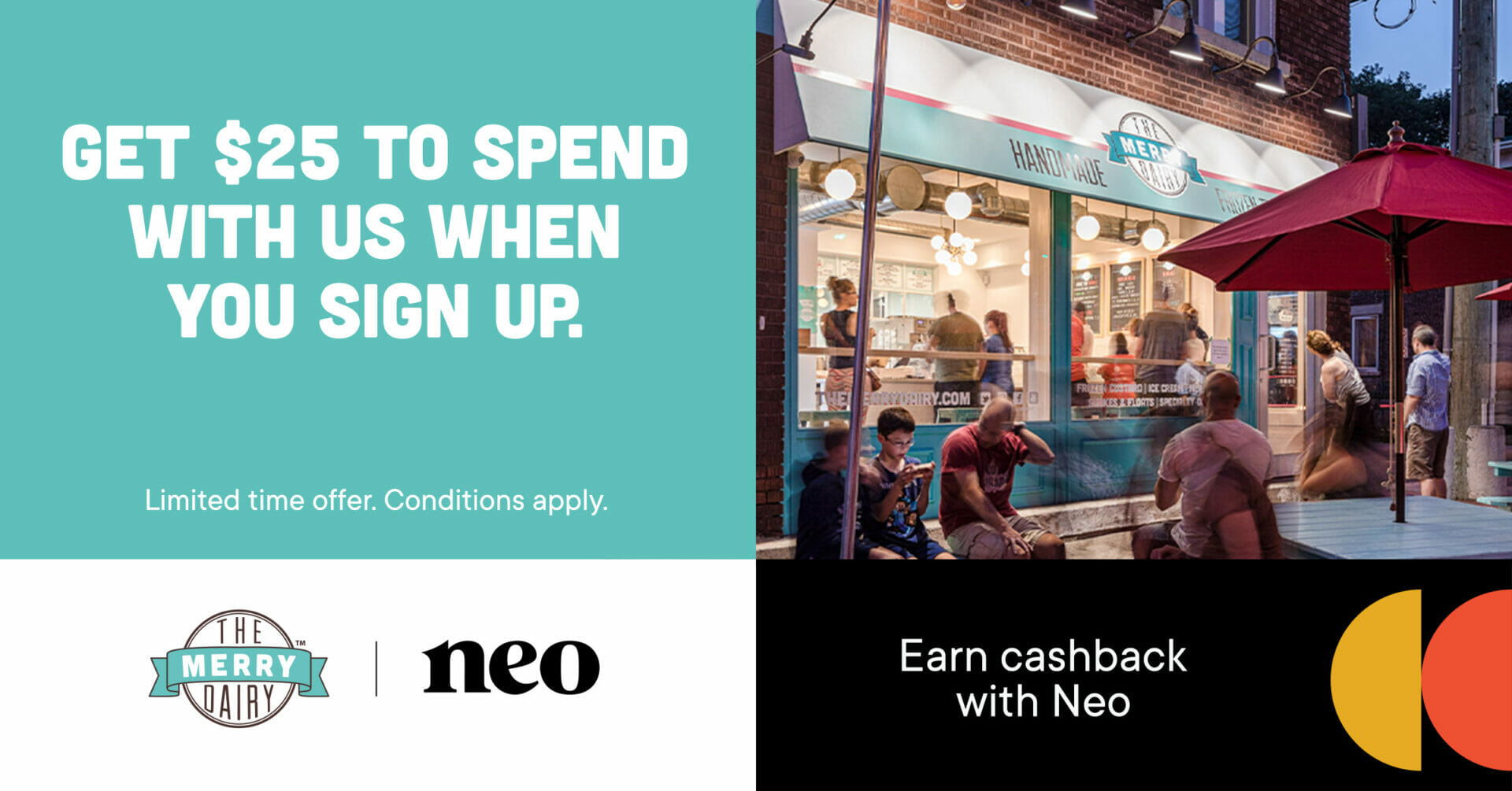This graphic shows how you can earn $25 by signing up for a Neo credit card.