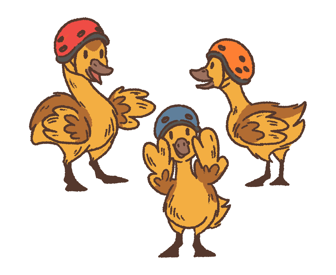 Illustration of Honk, Flap, and Waddle™, three energetic yellow goslings wearing red, orange, and blue bicycle helmets and waving excitedly.