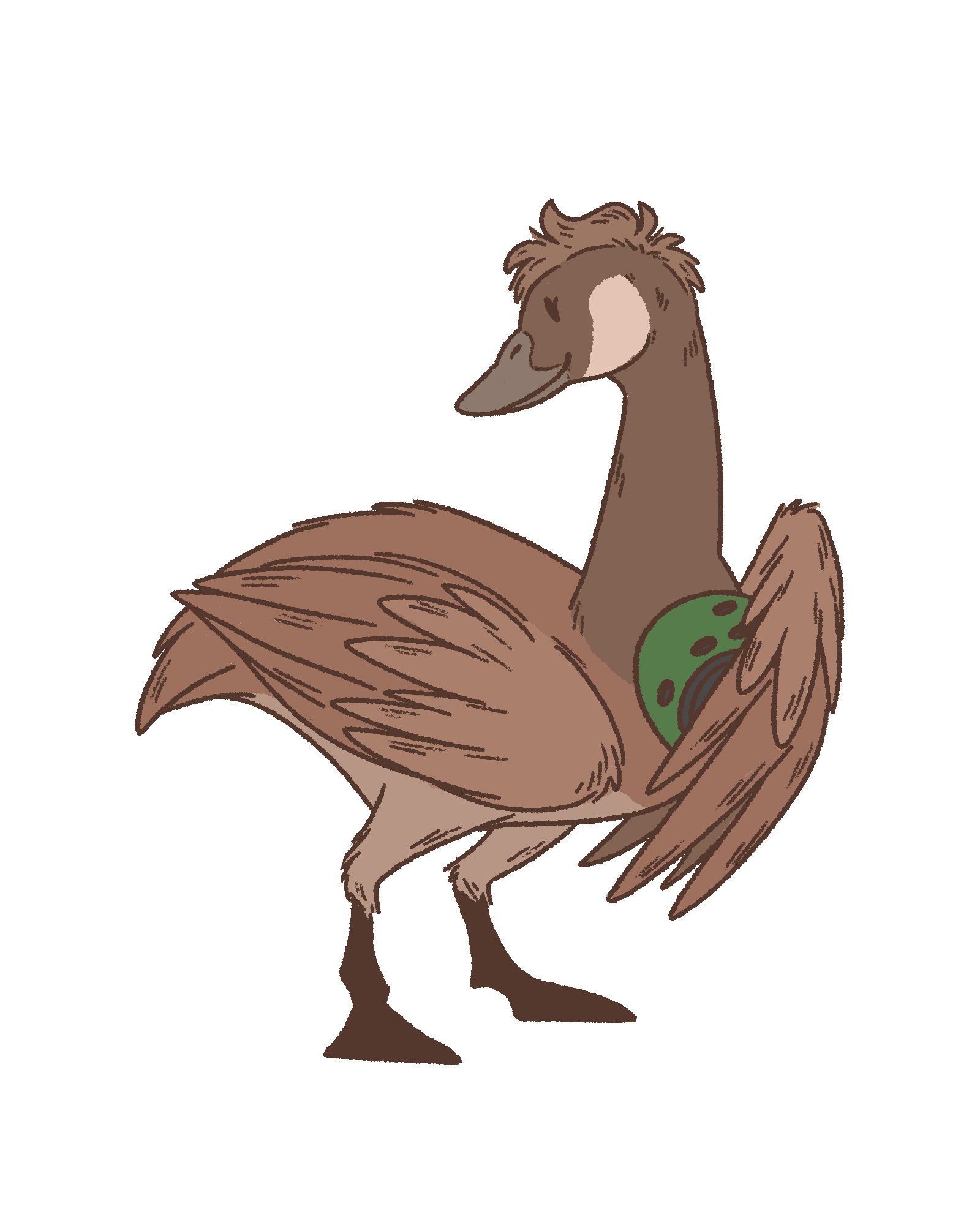 Illustration of Mama G™, a gentle Canada Goose wearing a green bike helmet around her neck and looking back with a warm smile.