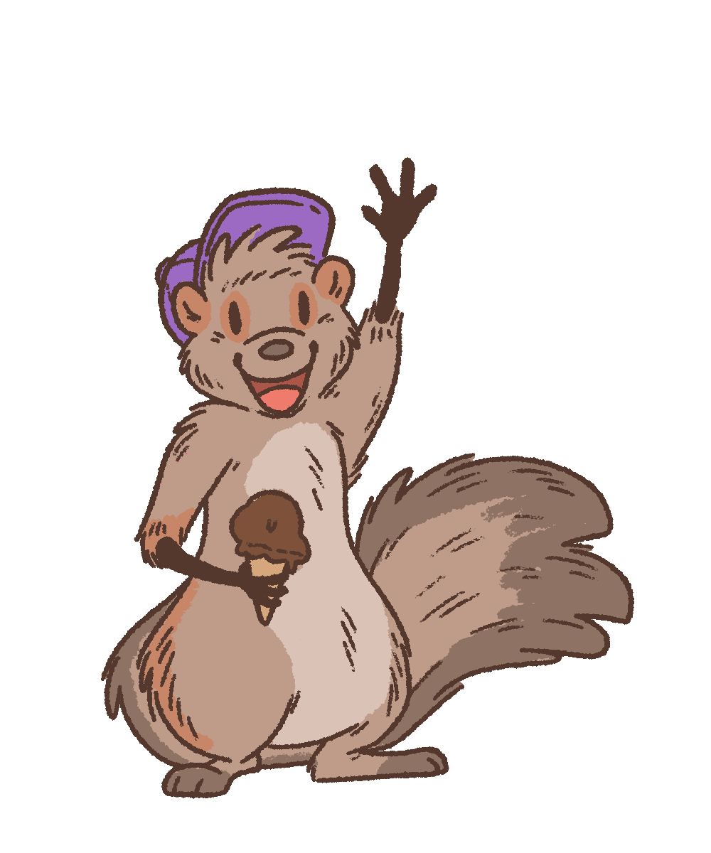 Illustration of Sami Grey Squirrel™, a smiling squirrel wearing a backward purple baseball cap and waving hello while holding a chocolate ice cream cone.