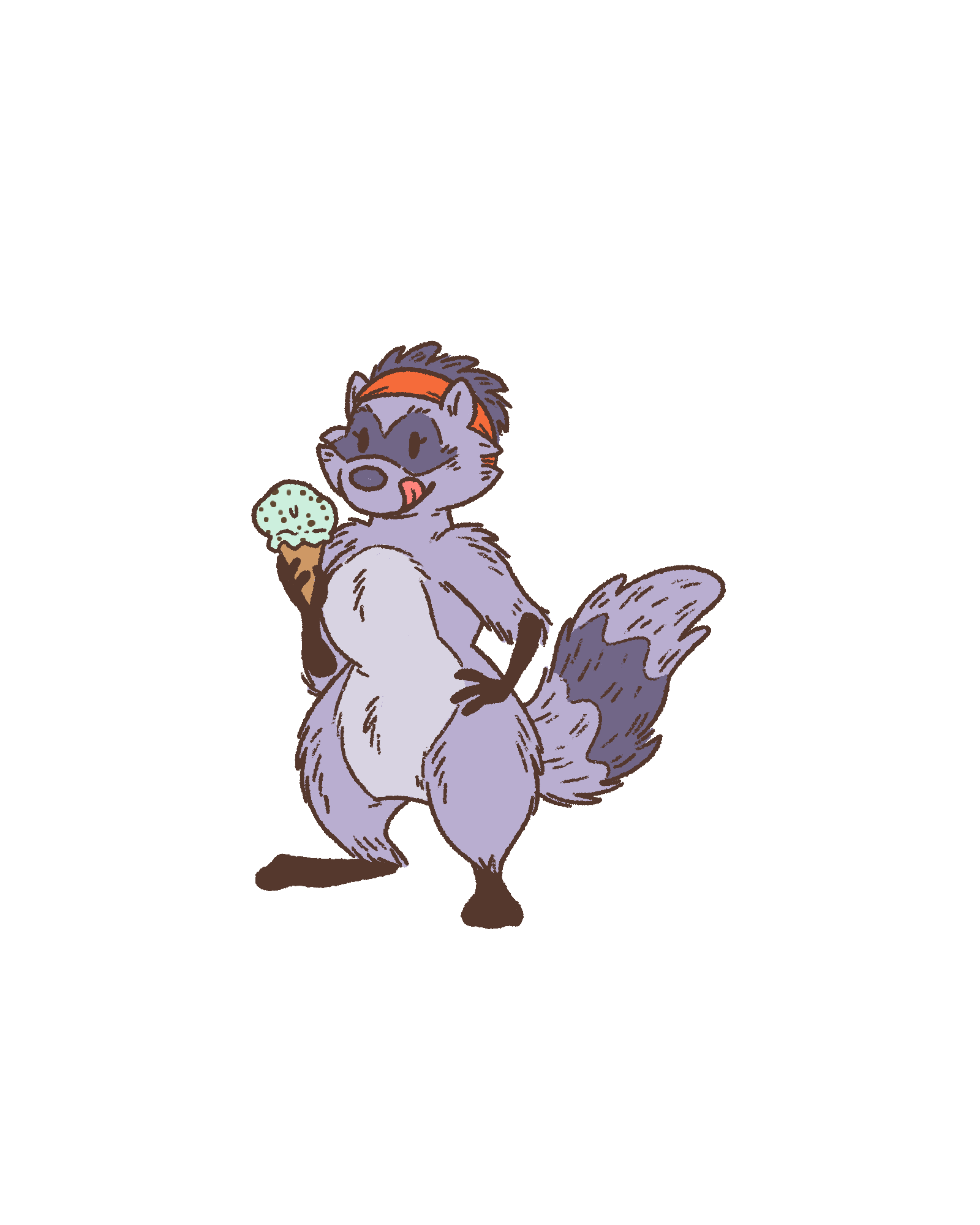 Illustration of Terry Raccoon™, a purple-furred raccoon wearing an orange athletic headband, licking their lips while holding a mint chocolate chip ice cream cone.