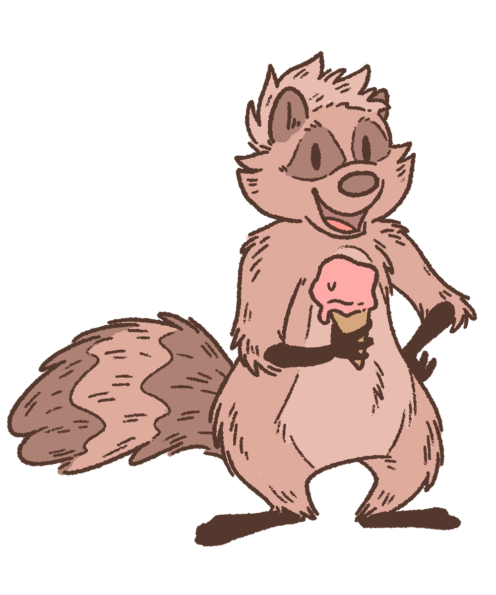Illustration of Tony Raccoon™, a friendly brown raccoon holding a waffle cone with a scoop of pink strawberry ice cream.